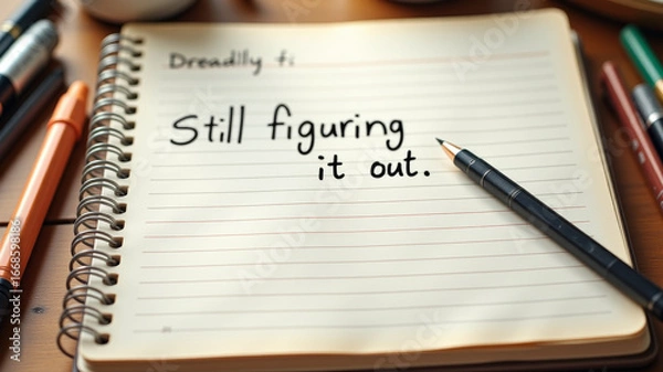 Fototapeta Open notebook with still figuring it out written on page with pencils beside