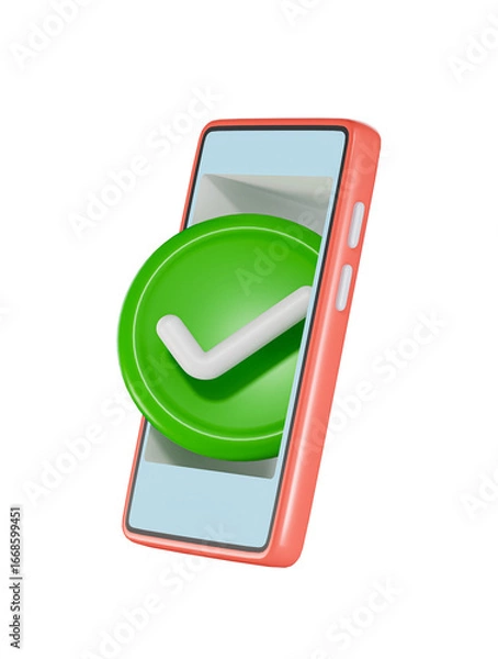 Obraz minimal smartphone with green checkmark icon. 3D render. confirmation concept