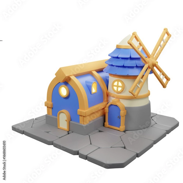 Fototapeta 3D rendering of a new residential house model and windmill house - 3D render