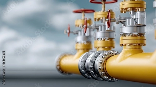 Fototapeta Industrial gas pipeline system with valves and yellow segments under cloudy sky during daylight hours