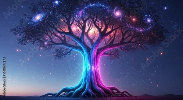 Fototapeta An enchanting celestial tree with roots grounded in the night sky, its branches adorned with swirling galaxies. A breathtaking masterpiece with vibrant colors and an ethereal ambiance.
