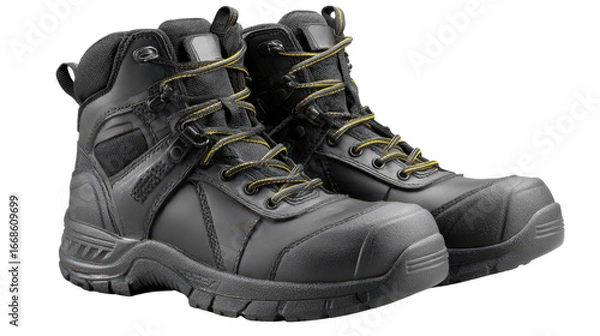 Fototapeta Pair of high-top safety boots background isolated on a Transparent background, PNG file.