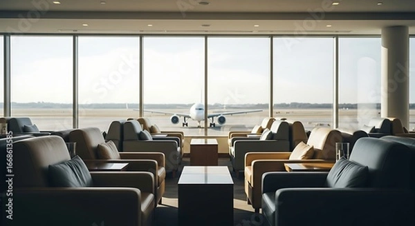 Obraz Luxury airport lounge with airplane view, perfect for travel and business relaxation
