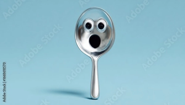 Fototapeta A silver magnifying glass shaped like a surprised emoticon against a light blue background