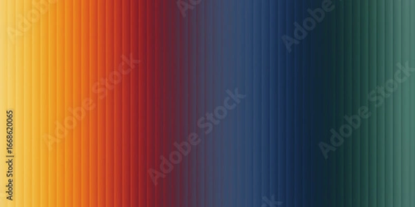 Fototapeta A vibrant gradient of vertical lines transitions smoothly from warm yellow and orange through deep red and blue to a cool green, creating a visually appealing abstract background