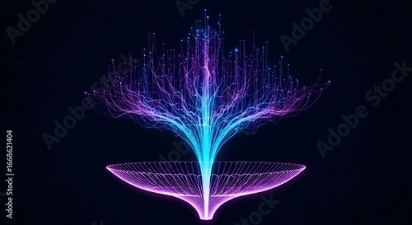 Fototapeta Abstract glowing particles forming a fountain or flower shape with blue and purple light on a dark background, representing energy, growth, or data flow