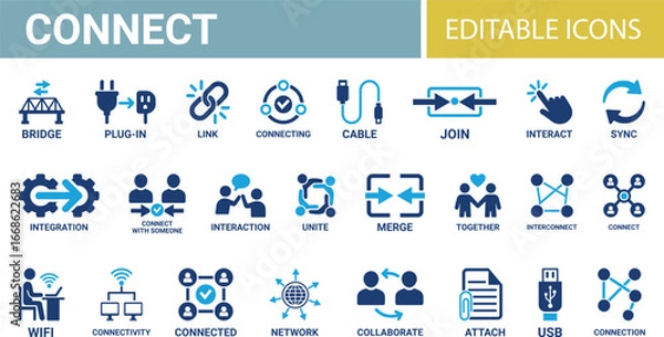 Obraz Connect icon set. Containing network, join, collaboration, connectivity, interaction, cable, integration, and connection icons. Solid icon design