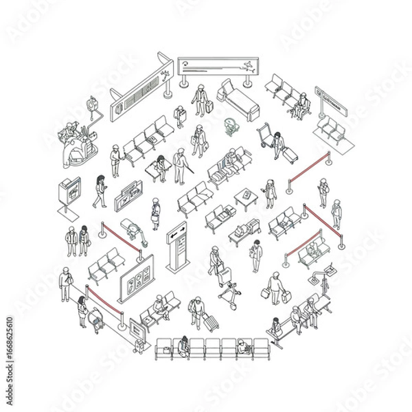 Fototapeta Isometric illustration of airport terminal passengers luggage carts seating areas and information displays