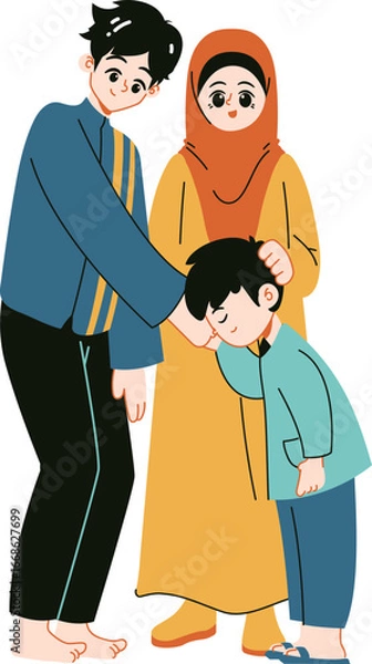 Fototapeta Illustration of a Muslim family consisting of a father, mother wearing a hijab, and son, in a warm and affectionate pose.