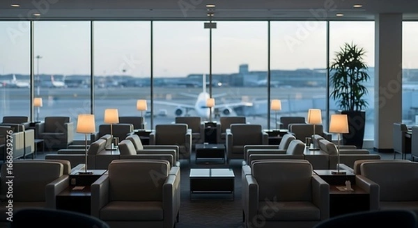 Obraz Comfortable airport lounge seating area for premium travel and business class passengers waiting to board