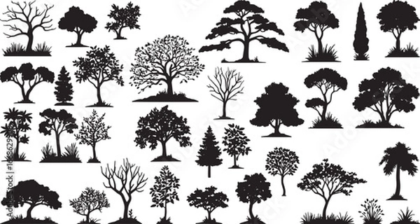 Fototapeta A beautiful collection of different tree and shrub silhouettes with leaves and without.