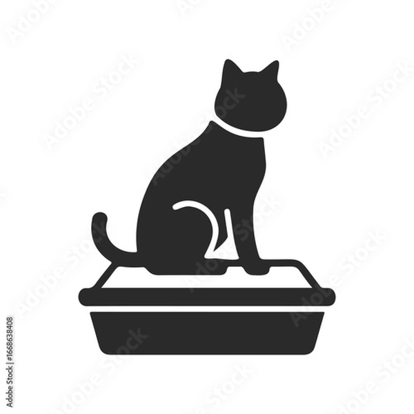 Obraz Silhouette of cat sitting on litter box in black icon design
