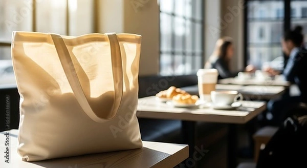 Obraz Stylish reusable tote bag sitting in cafe with croissants and friends, sustainable lifestyle