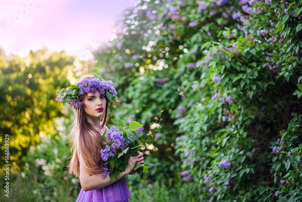 Fototapeta The girl with the wreath on his head in lilac