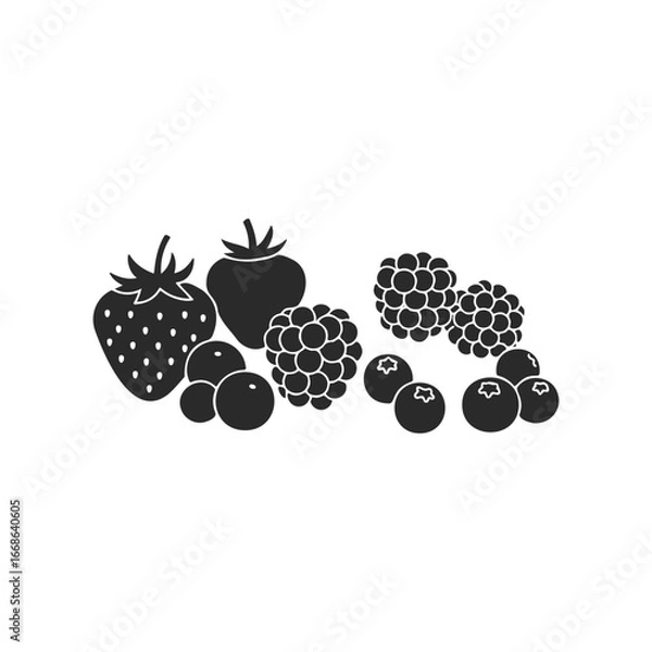 Obraz Black and white silhouette of assorted berries: strawberries, blackberries, raspberries, blueberries, currants
