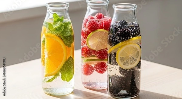 Obraz Refreshing infused water bottles with vibrant fruits and herbs for healthy hydration solutions