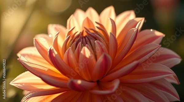 Fototapeta Orange dahlia flower closeup with soft sunlight