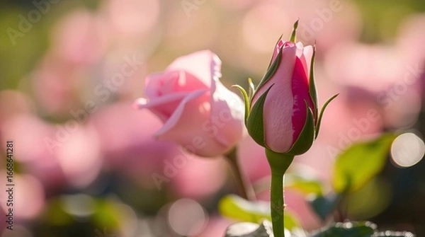 Obraz Pink rose bud and blooming rose in soft sunlight