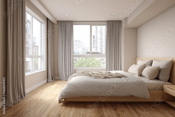 Fototapeta Modern bedroom with city view (1)