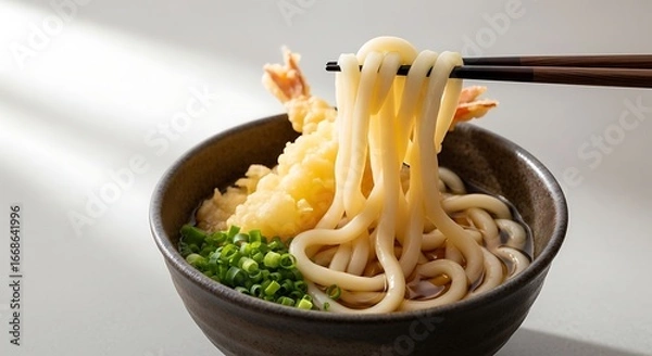 Obraz Savor delicious tempura udon noodles lifted by chopsticks, garnished with fresh green onions.