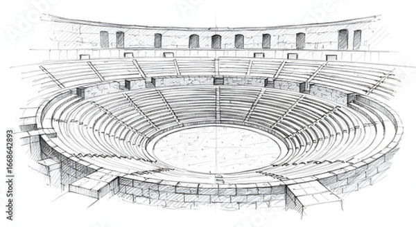 Fototapeta Roman Amphitheater: A detailed architectural sketch captures the grandeur of a Roman amphitheater, with concentric seating tiers leading to a central arena, evoking history and spectacle.