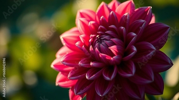 Fototapeta Red dahlia flower closeup with blurred green background