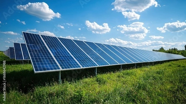 Fototapeta A solar panel array in a green field with a blue sky and white clouds.