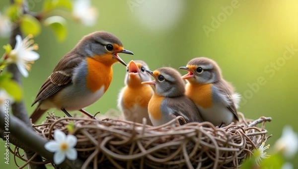 Fototapeta Robin feeding chicks in nest springtime