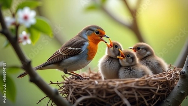 Obraz Robin feeding chicks in nest springtime