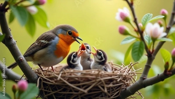 Fototapeta Robin feeding chicks in nest springtime