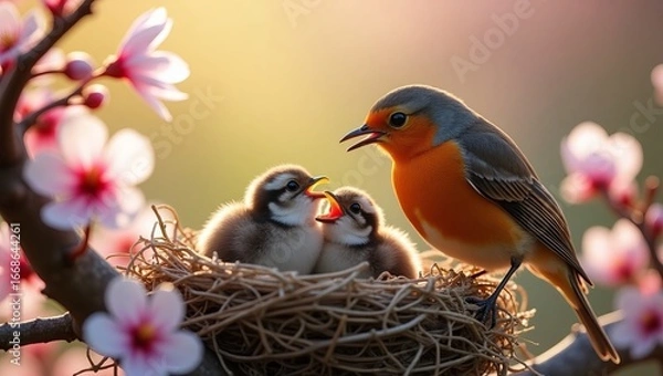 Obraz Robin feeding chicks in nest springtime