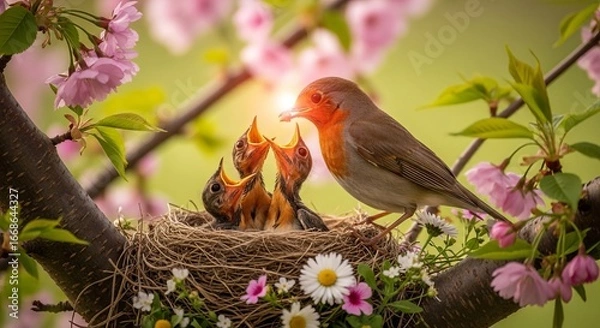 Fototapeta Robin feeding chicks in nest springtime