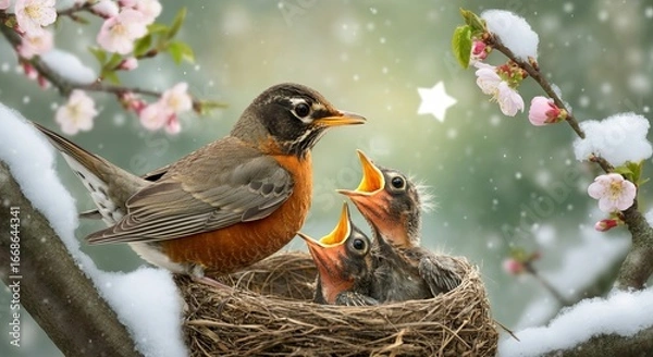 Obraz Robin feeding chicks in nest with snow and blossoms