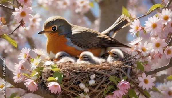 Fototapeta Robin feeding chicks in spring nest