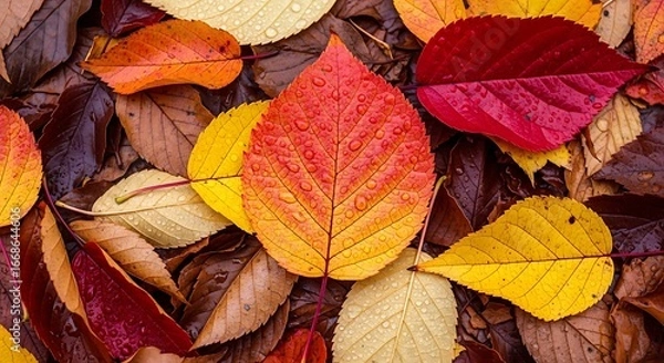 Obraz Vibrant autumn leaves glistening with raindrops create a rich, textured tapestry of seasonal beauty.