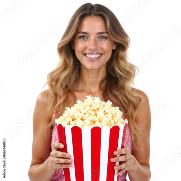 Fototapeta Beautiful woman smiling holding popcorn in bucket isolated on transparent background