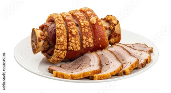 Fototapeta Delicious roasted pork knuckle with crispy crackling served sliced on a white plate