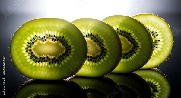 Obraz Vibrant kiwi slices illuminated from behind reveal intricate seeds and juicy flesh, perfect for healthy lifestyle visuals.