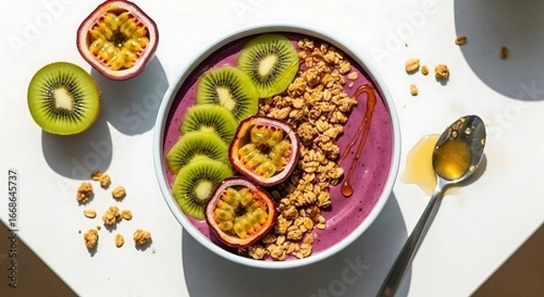 Obraz Vibrant acai bowl with fresh kiwi, passion fruit, and granola, drizzled with honey, a healthy breakfast treat.