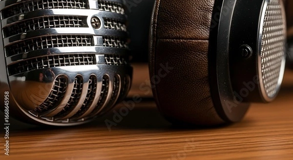 Obraz Vintage microphone and luxury headphones create a professional audio setup for recording artists and producers.