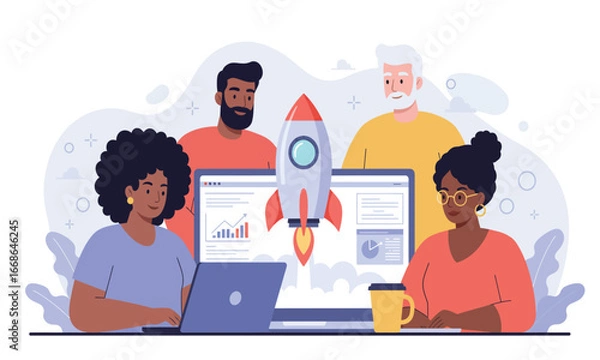 Fototapeta Business Teamwork Illustration, flat design with people working together on a project with rocket launch graphic