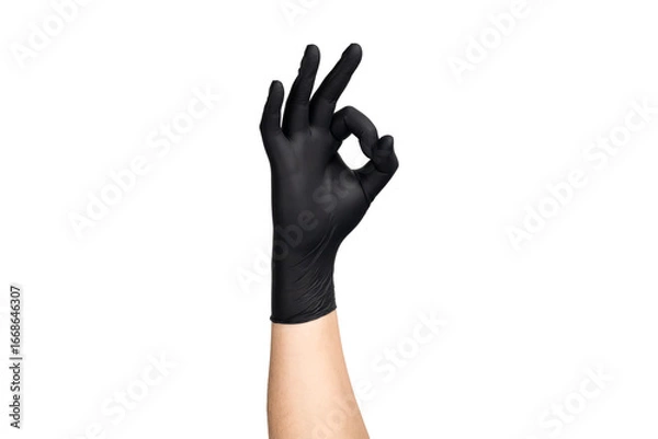 Fototapeta Hand in black glove showing OK sign gesture for approval. isolated on white background with clipping path.