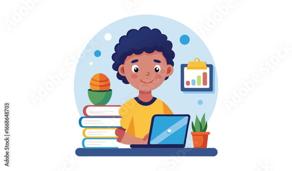 Fototapeta Happy young boy studying and working on a laptop at a desk