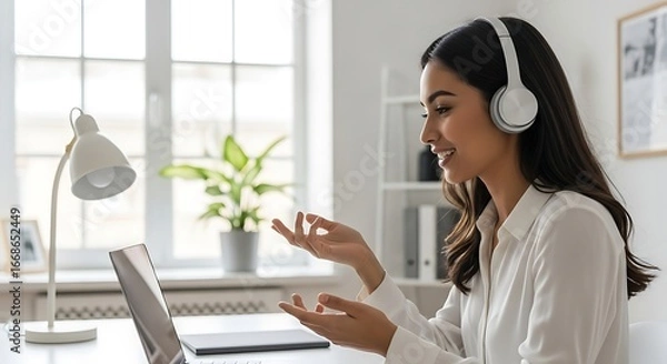 Obraz Engaged businesswoman actively participating in a video conference call with headphones on