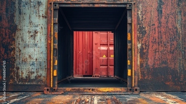 Fototapeta A red and blue rusty metal container with a red door open, revealing a red shipping container inside.