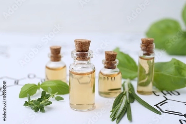 Obraz Different herbs and bottles of cosmetic products on paper with chemical formulas, closeup