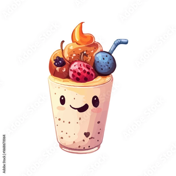 Fototapeta ice cream with berries. A cocktail in a tall glass with berries and sweets. Children's illustration. Vector on a white background.