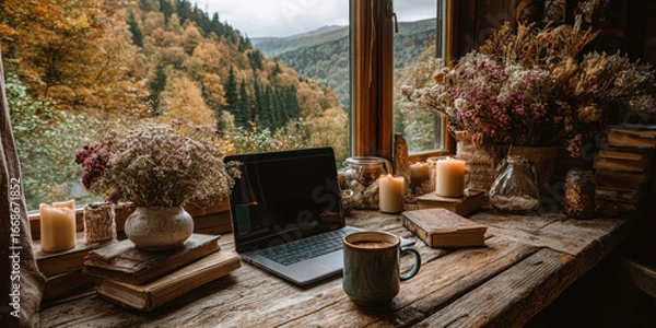 Fototapeta Cozy home office desk by the window with a laptop, coffee cup, candles, and dried flowers against an autumn landscape. Warm, relaxing atmosphere for remote work and creativity.