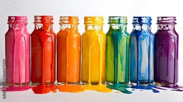 Fototapeta Colorful bottles with paint splashes isolated on a white background.