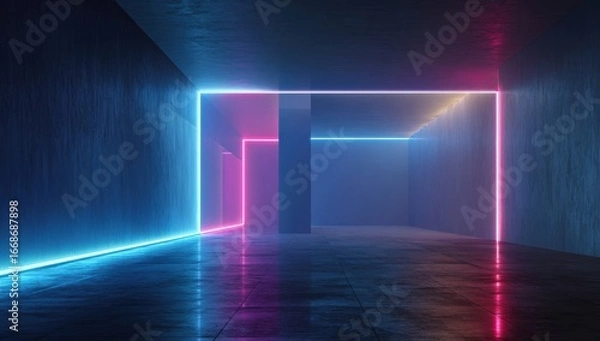 Fototapeta Neon glowing shapes in a dark, futuristic space